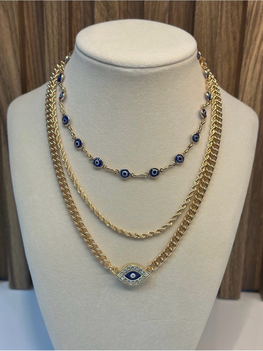 3PC Gold Evil Eye Layered Necklace Set Rope Chain Crystal Pendant